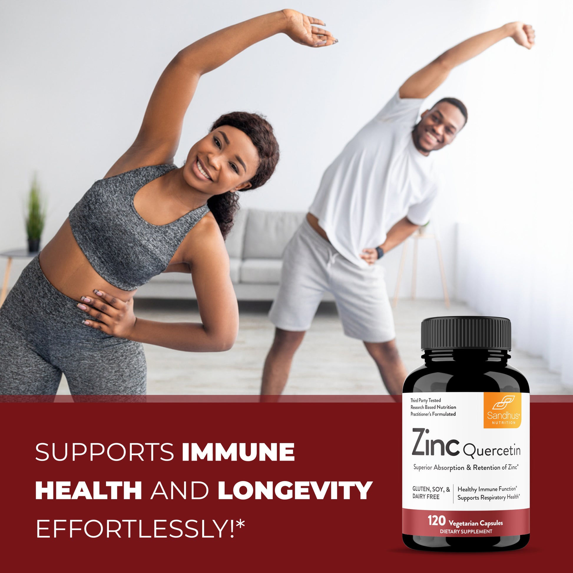Two adults stretching indoors, Sandhu Nutrition Zinc Quercetin bottle at bottom, text highlights immune & longevity support.