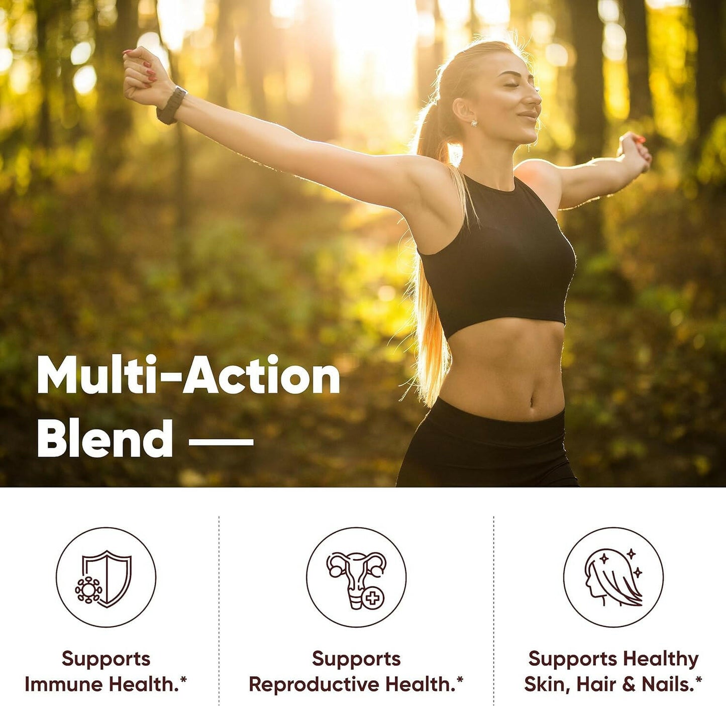 Woman in athletic wear with 'Multi-Action Blend' text and icons in a forest setting
