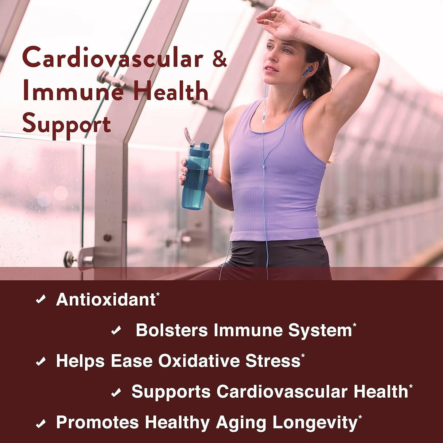 Woman in workout gear holding water bottle, text overlay promoting cardiovascular and immune health benefits of zinc quercetin.