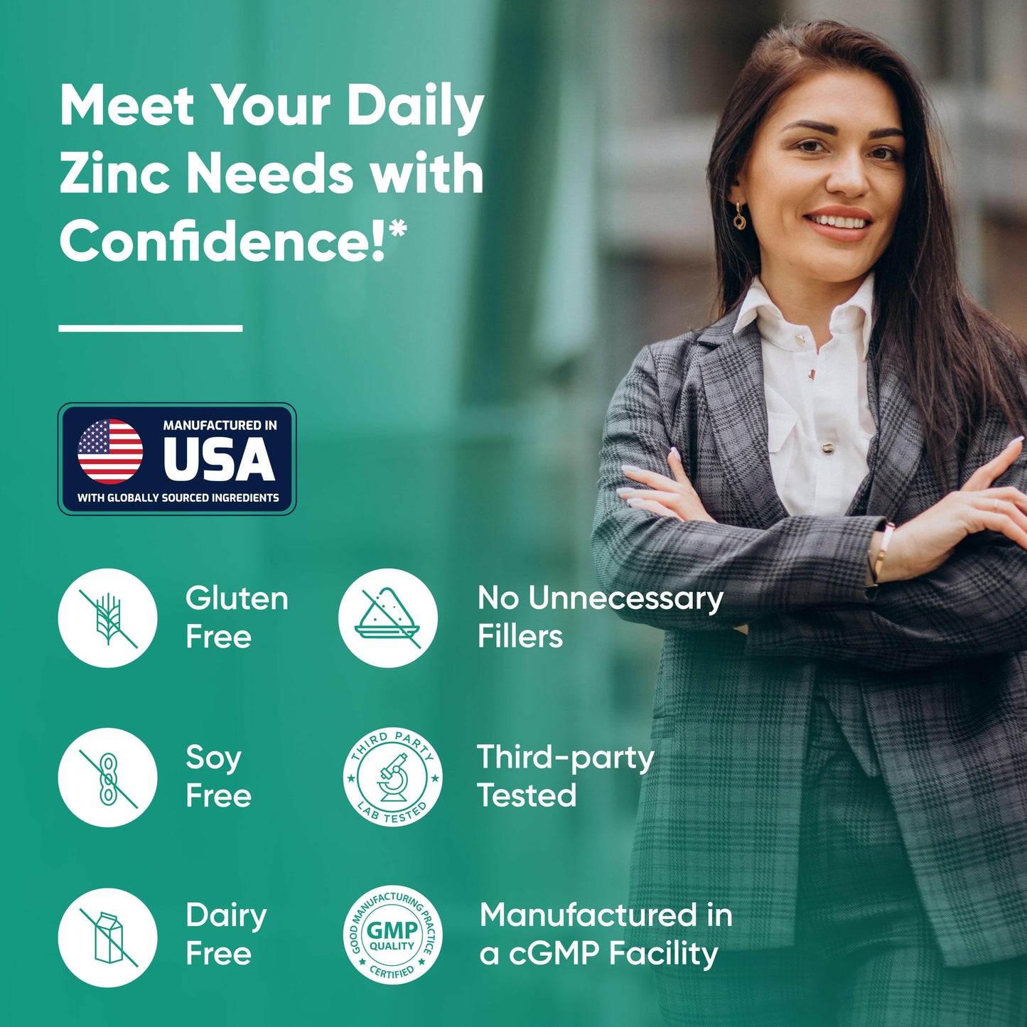 Smiling woman with Sandhu’s zinc supplement infographic highlighting gluten free, soy free, dairy free, USA made, third-party tested.