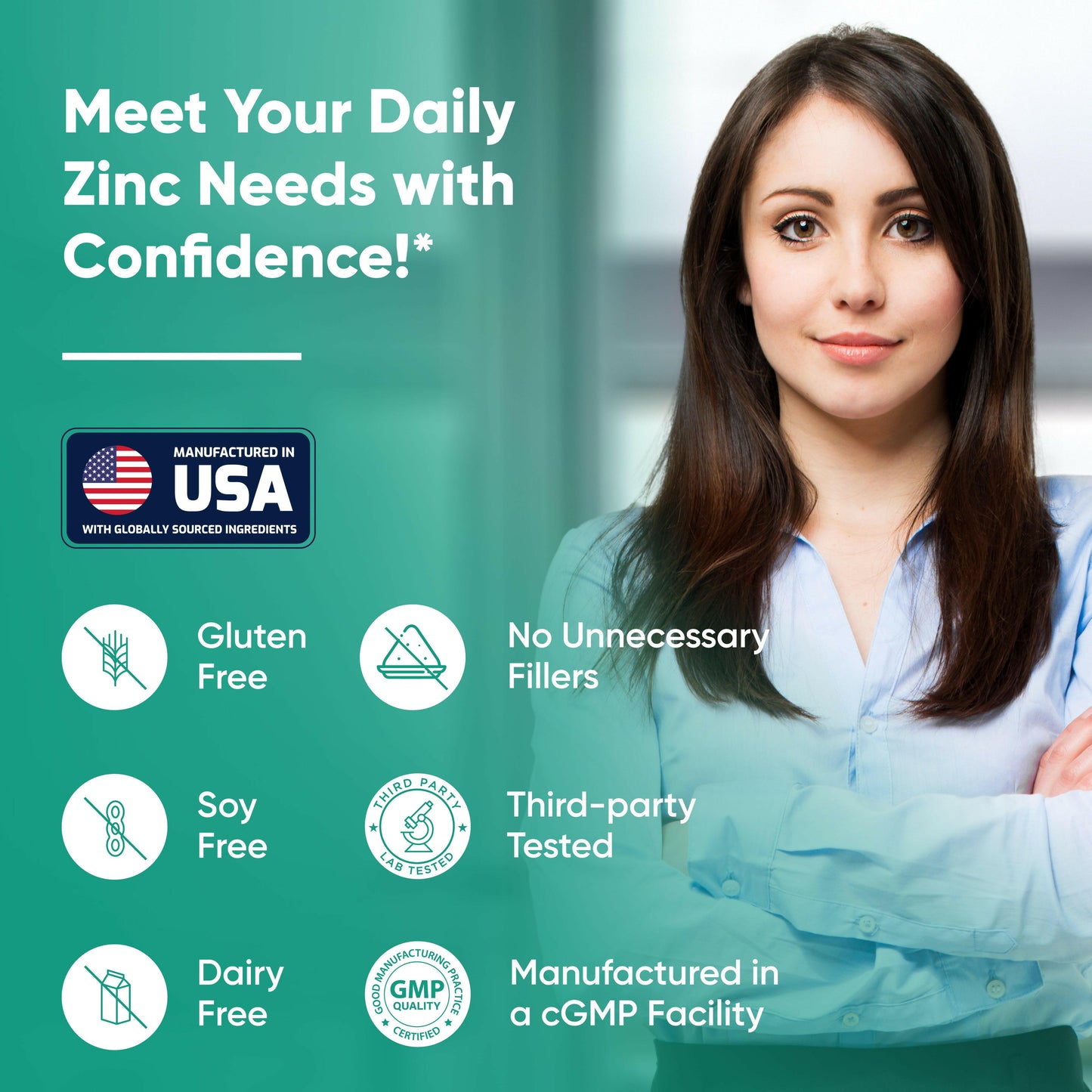 A woman beside supplement information and made in USA, no fillers, gluten/soy/dairy free, Non-GMO, third-party tested, cGMP