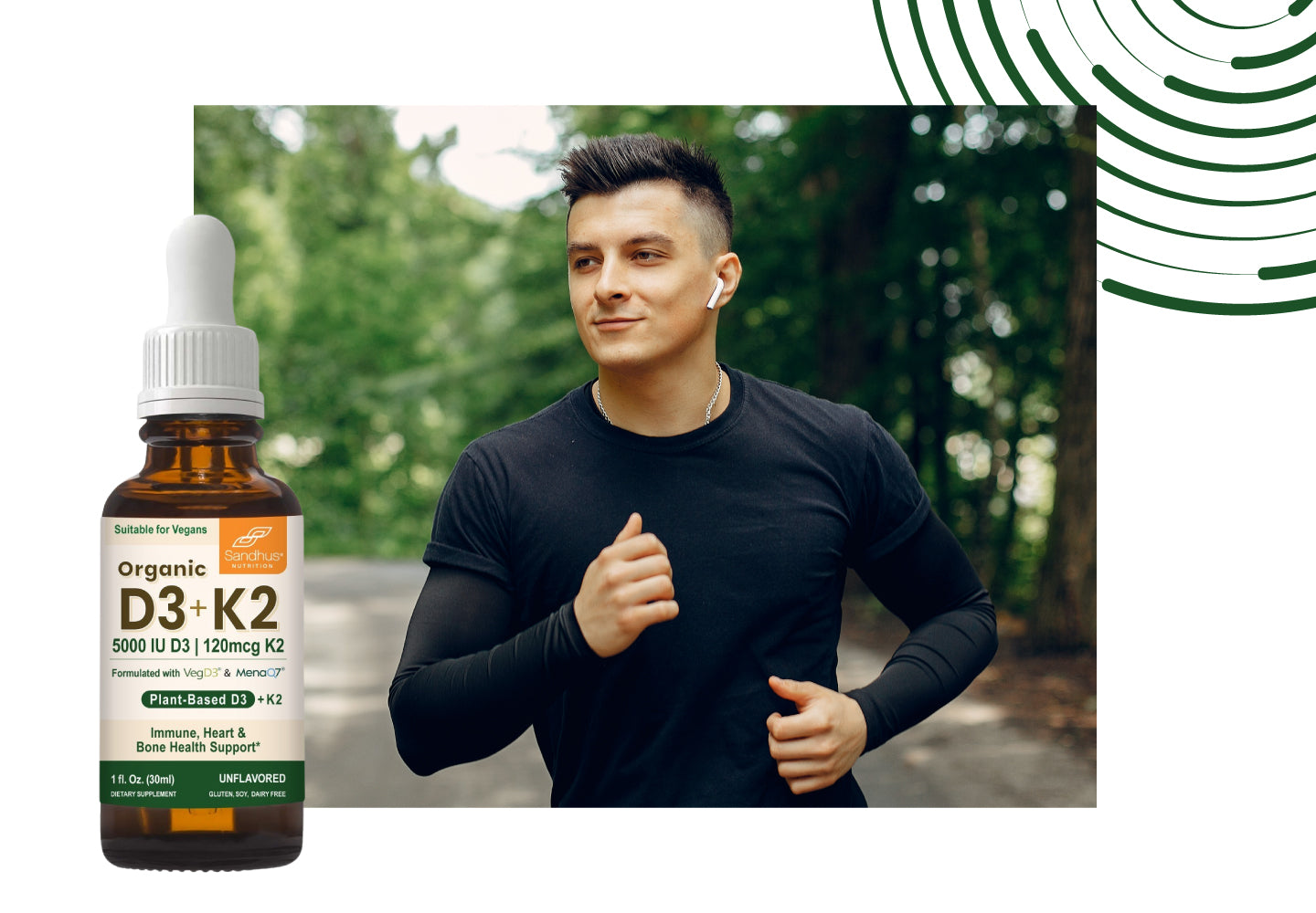 Man jogging outdoors with Sandhu’s Organic Vitamin D3 + K2 drops, plant-based supplement for immune, heart, and bone health support.