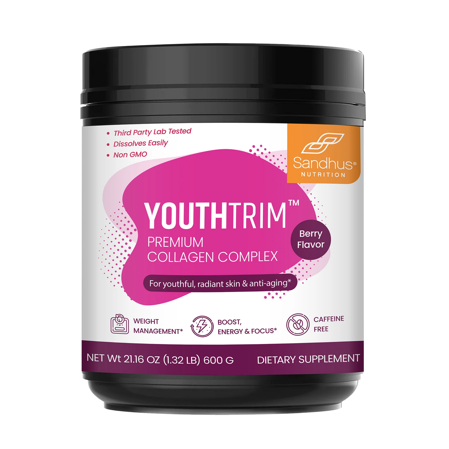 Sandhu Nutrition YouthTrim™ Premium Collagen Complex, labeled for weight management, energy and focus
