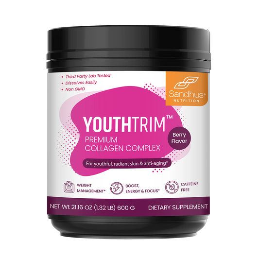 Sandhu Nutrition YouthTrim™ Premium Collagen Complex, labeled for weight management, energy and focus