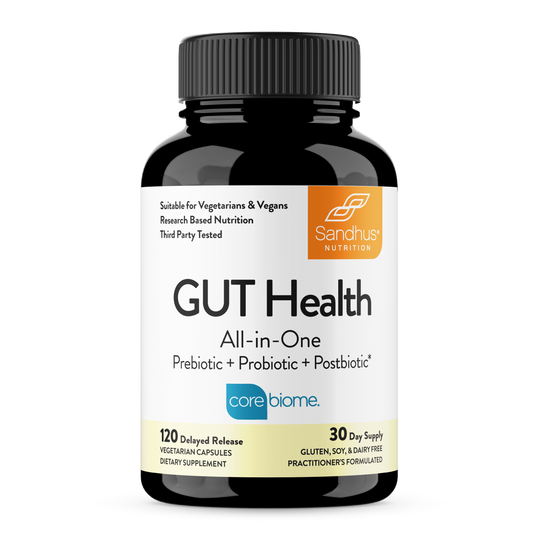 Sandhu Nutrition GUT Health supplement bottle with 120 vegetarian capsules, labeled gluten free, soy free & dairy free.