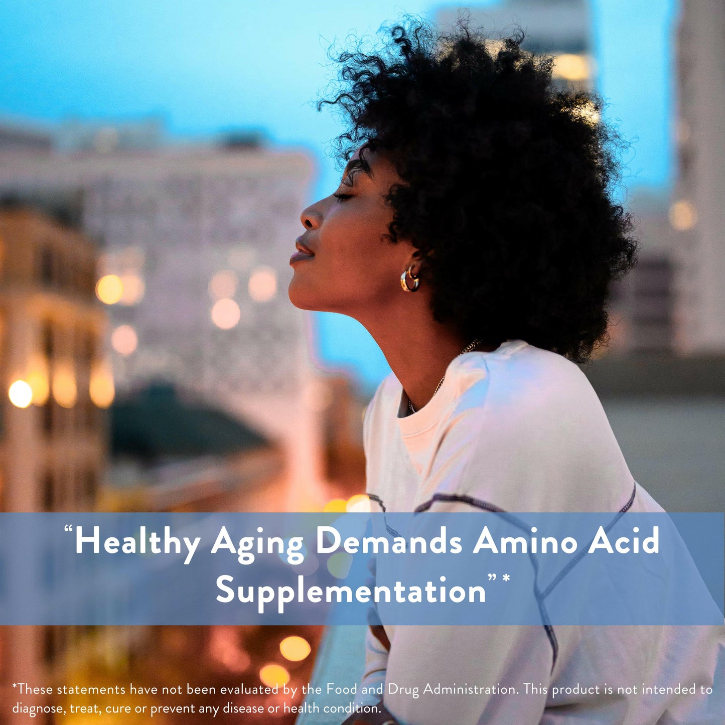 A woman refreshing in the outdoors with text highlighting amino acid supplementation as part of supporting healthy aging
