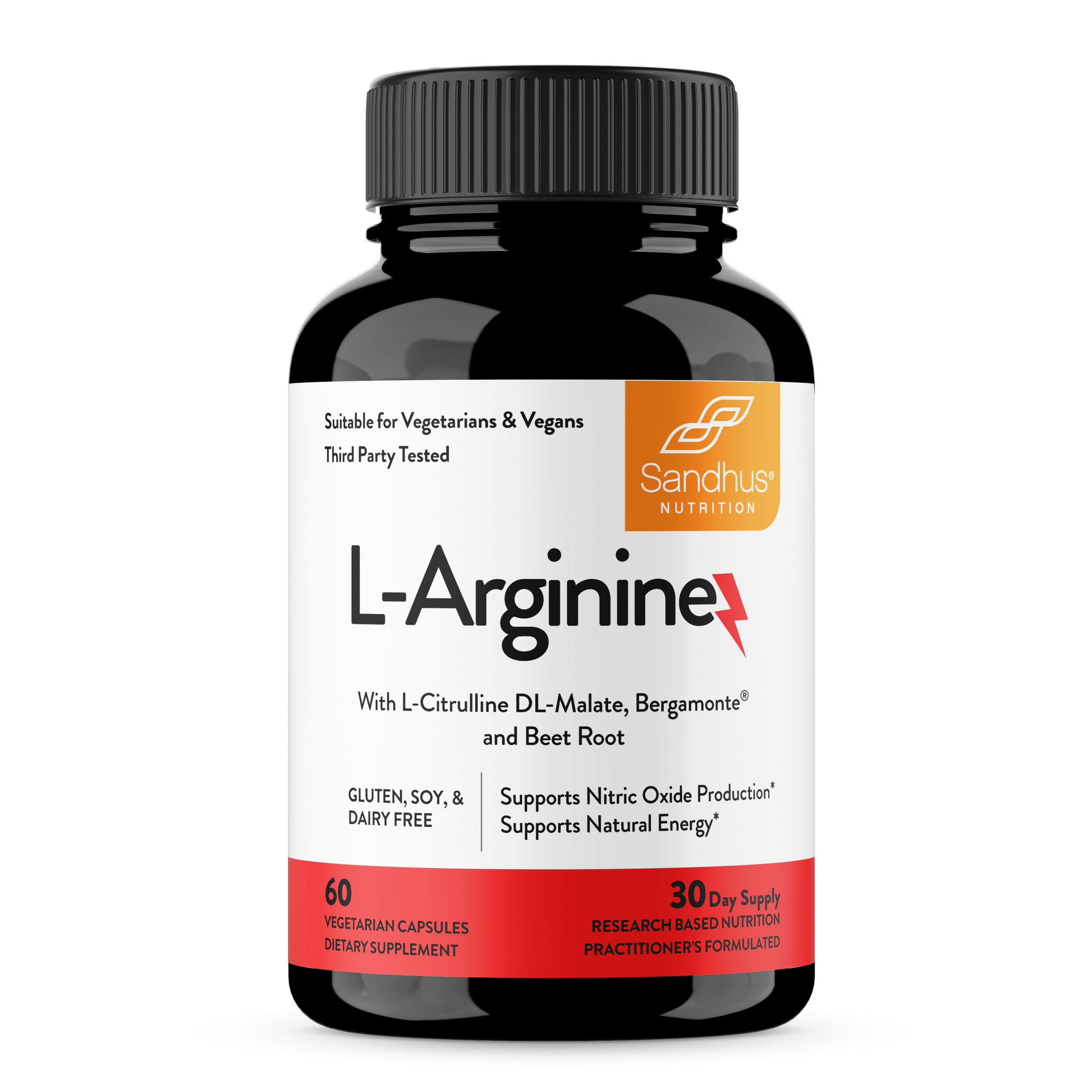Sandhu Nutrition L-Arginine bottle with L-Citrulline DL-Malate, Bergamonte and Beet root labelled gluten, soy and dairy free.