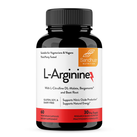 Sandhu Nutrition L-Arginine bottle with L-Citrulline DL-Malate, Bergamonte and Beet root labelled gluten, soy and dairy free.