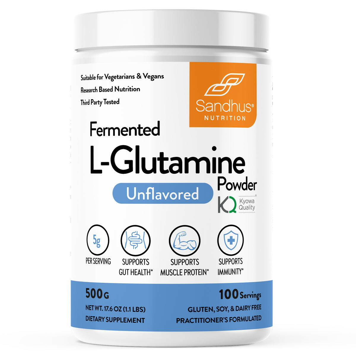 Sandhu’s Nutrition “Fermented L-Glutamine Powder” highlighting key features and labeled gluten, soy and dairy free