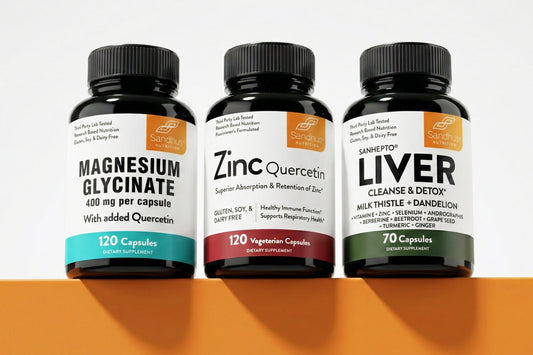 Magnesium, zinc, and liver support supplement bottles displayed together, illustrating a smart supplement stack for everyday health