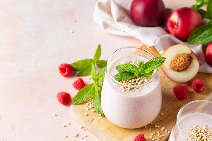 Berry smoothie with mint and quinoa for a light and refreshing post holiday detox meal