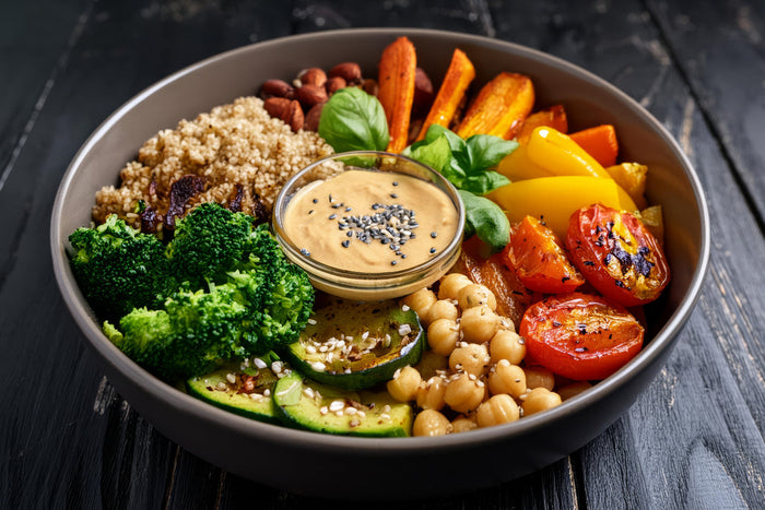 Colorful magnesium-rich Buddha bowl with quinoa, broccoli, chickpeas, roasted vegetables, and tahini dressing.