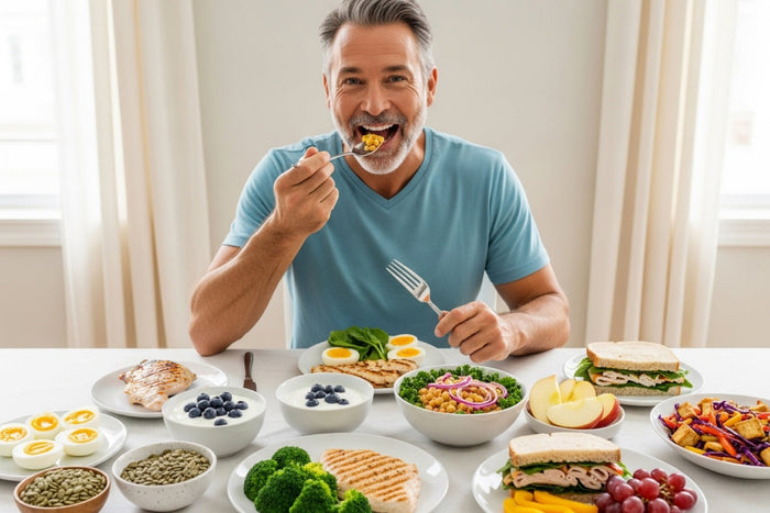 Man enjoying zinc and quercetin rich immune support meal with chicken, eggs, broccoli, and salad