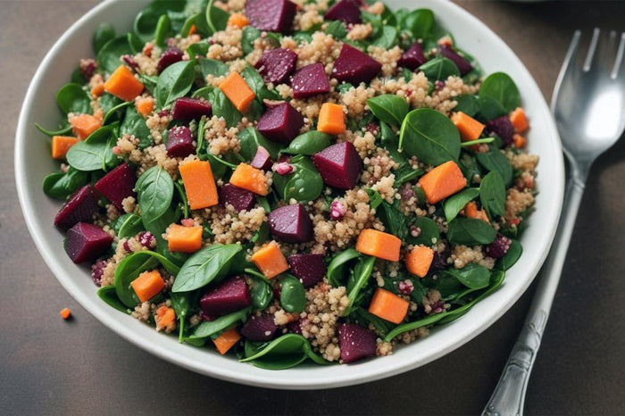 A Bowl Full of Color! Quinoa & Spinach Salad with Beets and Carrots