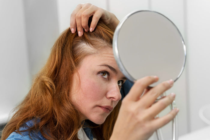 Woman checking thinning hair in mirror, highlighting common menopause-related hair loss and scalp changes during hormonal shifts