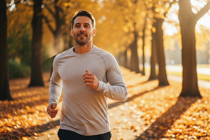 Man jogging outdoors in a park filled with autumn leaves, symbolizing active fall lifestyle and immune system support.