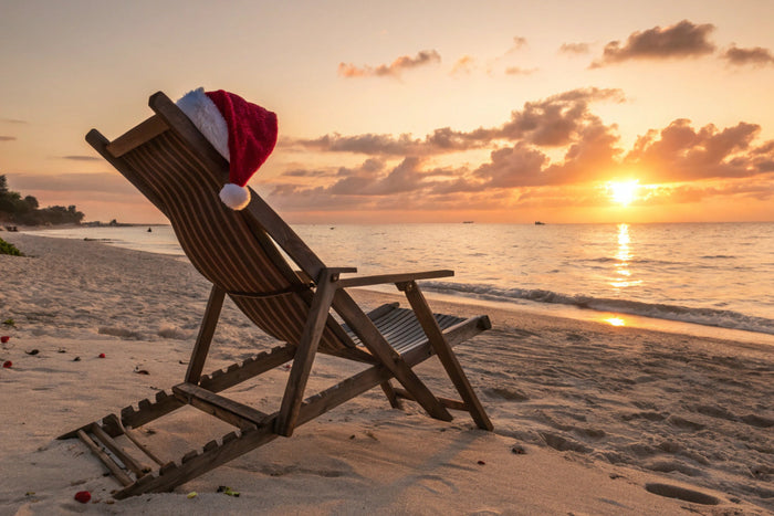 A cozy holiday scene with a wooden beach chair wearing a Santa hat, symbolizing rest, relaxation, and mindful comfort during the festive season.