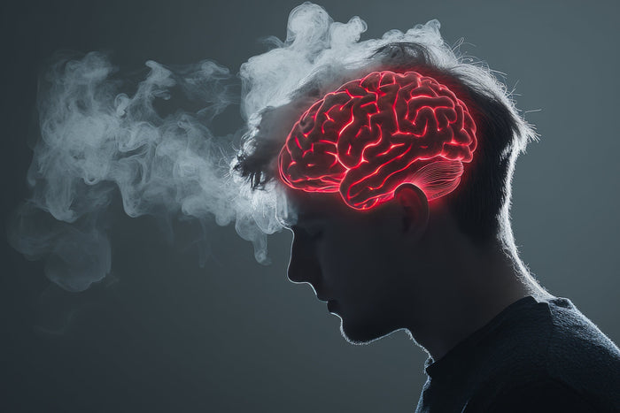 Illustration of glowing brain with smoke effect symbolizing mental fatigue, brain fog, stress, and neurological imbalance