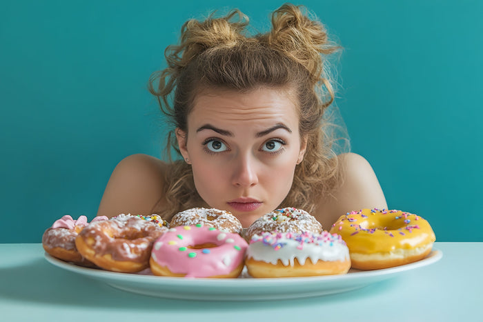 Young woman intensely looking at a plate full of colorful donuts, illustrating strong sugar cravings and the challenge of resisting unhealthy sweets.