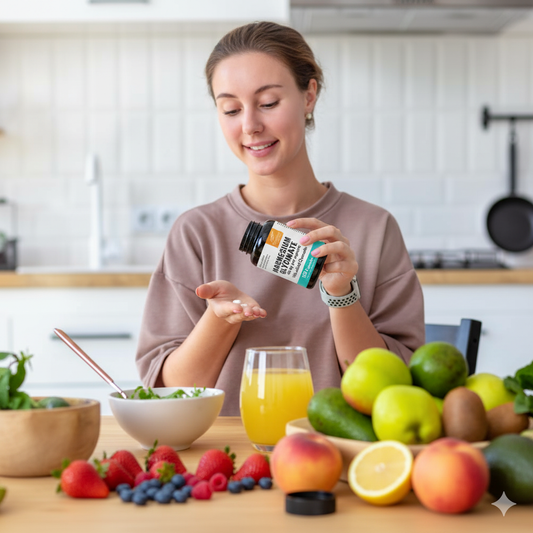 Woman taking magnesium glycinate supplement at breakfast table with fresh fruits, salad, and orange juice in kitchen
