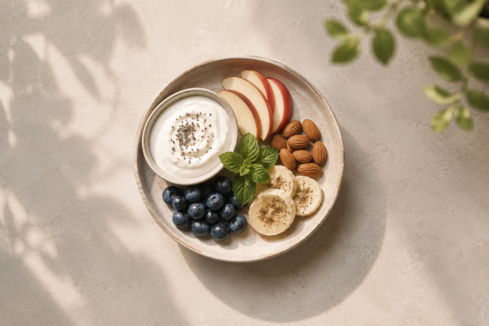 Top view of a bowl with yogurt, blueberries, banana, apple slices, almonds, and chia seeds, showing a balanced nutrient-rich snack.