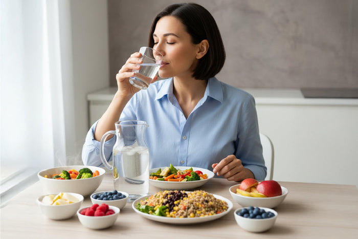 Woman drinking water while enjoying a balanced meal of vegetables, fruits, and grains, highlighting daily wellness habits for liver health support.