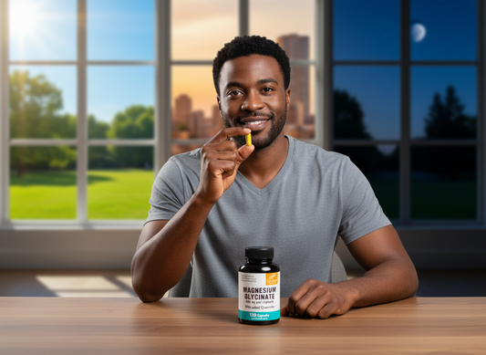 Man holding a magnesium supplement and bottle on the table with a cityscape in the background