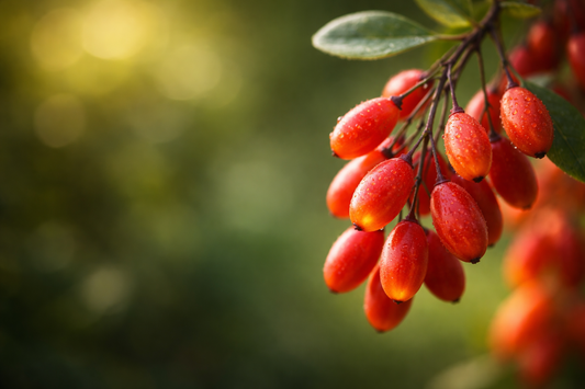 Berberine-rich red berries on a branch representing natural plant compounds for liver health and metabolic wellness