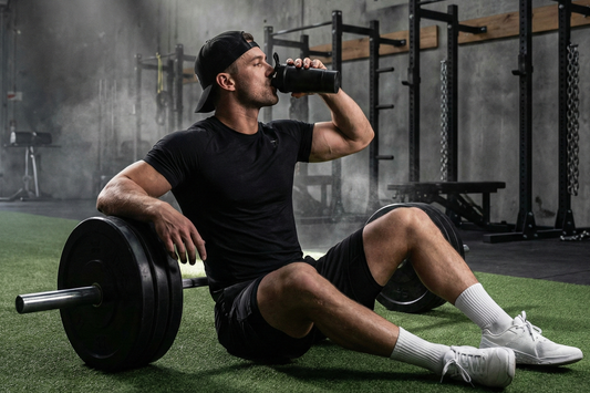 Man sitting on gym floor drinking from shaker after workout, representing muscle recovery, hydration, and post-exercise nutrition