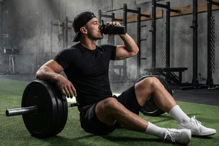 Man sitting on gym floor drinking from shaker after workout, representing muscle recovery, hydration, and post-exercise nutrition