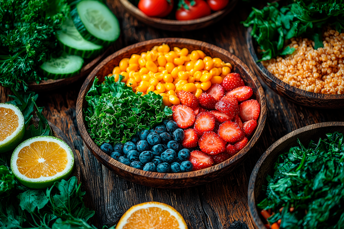 Colorful bowl of berries, leafy greens, citrus, and whole foods rich in vitamins and minerals for healthy blood sugar balance