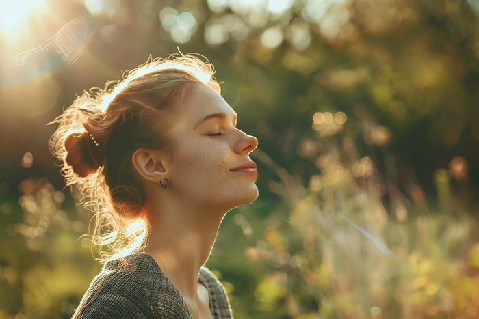 Woman practicing mindful breathing outdoors promoting healthy lungs and antioxidant benefits