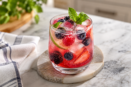 Refreshing berry and mint summer mocktail in a glass, illustrating a creative way to enjoy Mullein Leaf Extract with a bright, seasonal drink.