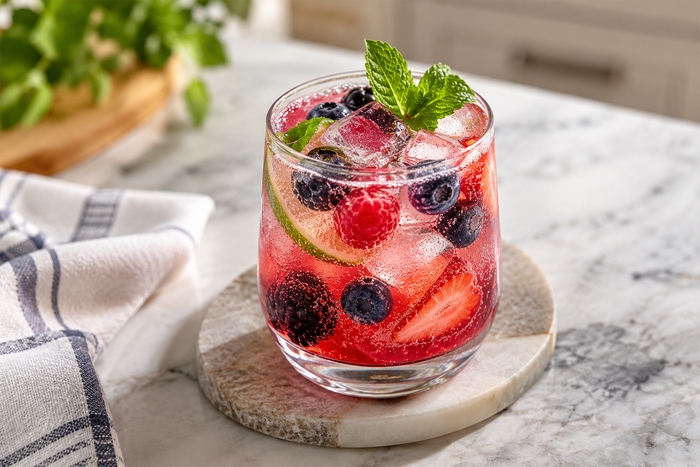 Refreshing berry and mint summer mocktail in a glass, illustrating a creative way to enjoy Mullein Leaf Extract with a bright, seasonal drink.