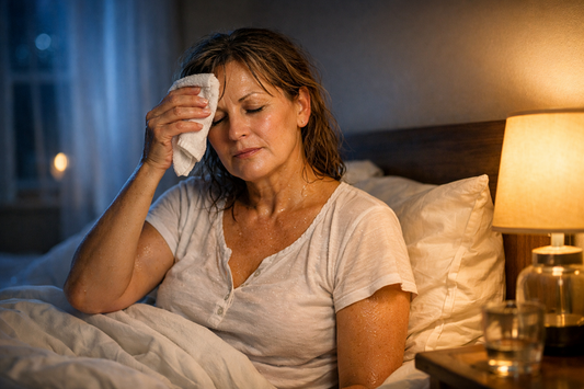 Middle-aged woman sweating at night while sitting in bed and wiping forehead with towel, showing common menopause night sweat symptoms.