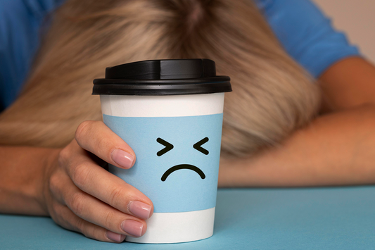 Tired person holding a coffee cup, illustrating fatigue, caffeine dependence, and the struggle with recurring energy crashes