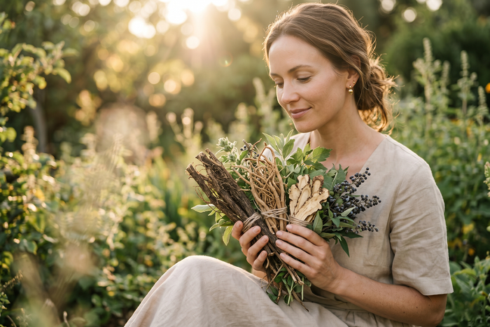 Woman holding fresh herbal bundle in garden with natural plants for menopause support, wellness, hormone balance and stress relief