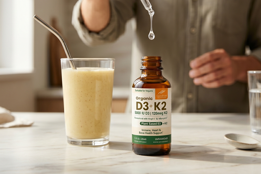 Vitamin D3 K2 liquid drops added to smoothie representing foods that pair well with supplements for better daily wellness support.