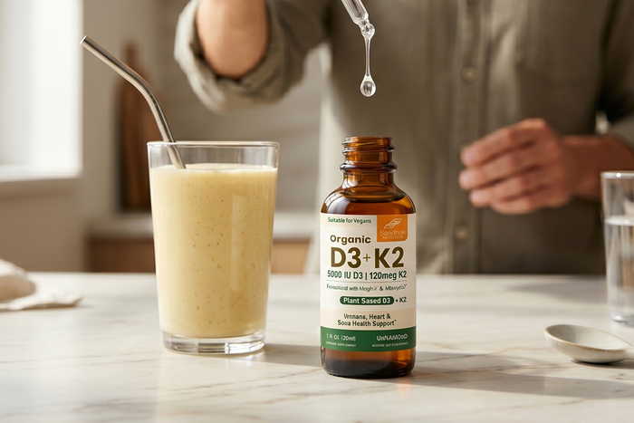 Vitamin D3 K2 liquid drops added to smoothie representing foods that pair well with supplements for better daily wellness support.