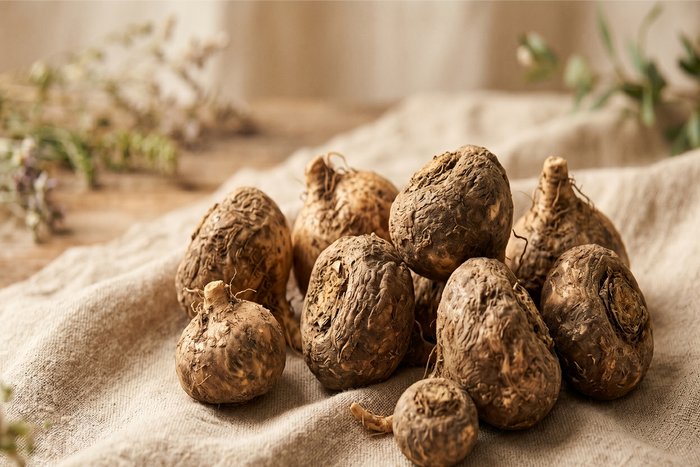 Close-up of raw maca roots on fabric background, showing the natural adaptogenic root commonly linked to energy support.