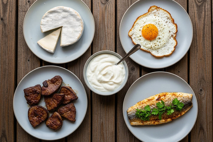 Assorted food items including cheese, fried egg, figs, yogurt, and fish on a wooden table.