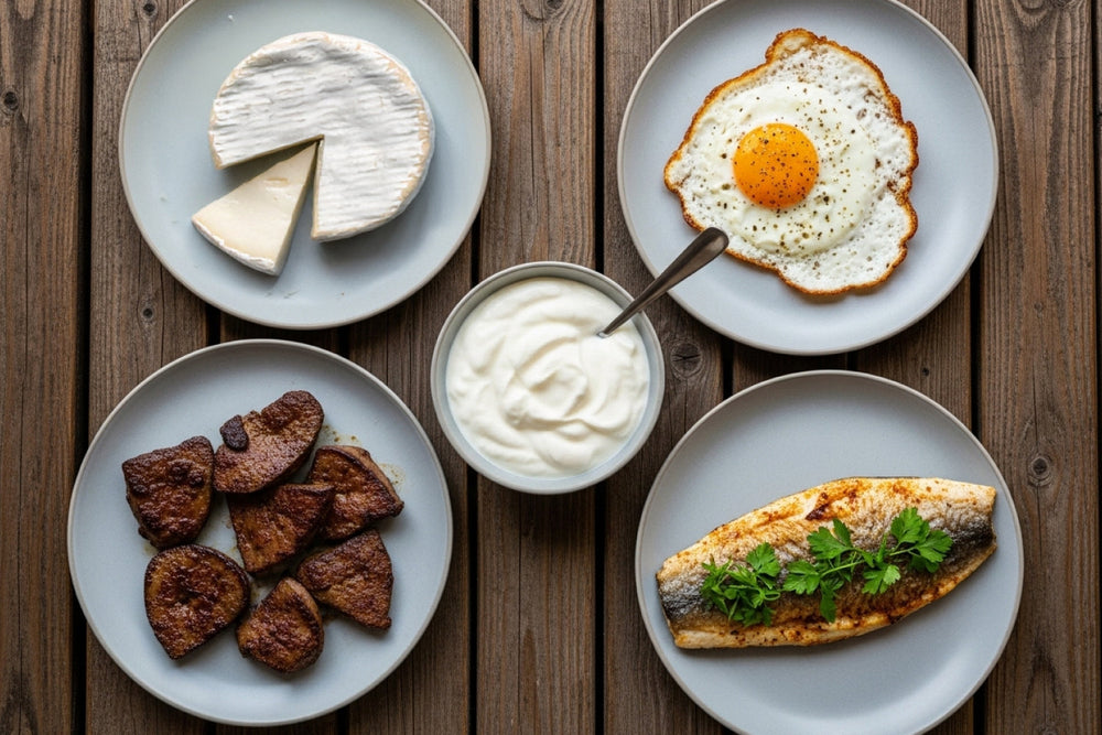 Assorted food items including cheese, fried egg, figs, and fish on a wooden table.