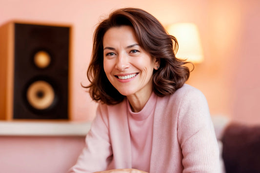 Smiling middle-aged woman in a cozy home setting, representing healthy aging, emotional wellness, and natural nutritional support during menopause.
