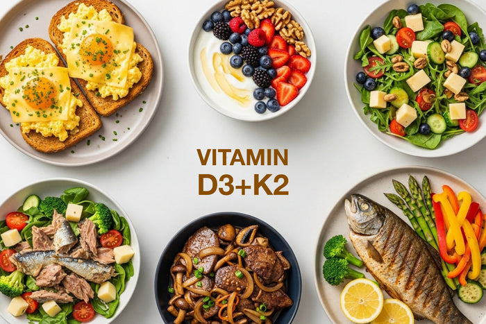 Balanced meal plan rich in Vitamin D3 and K2 foods including eggs, fish, yogurt with berries, and fresh salads, supporting bone and immune health naturally.