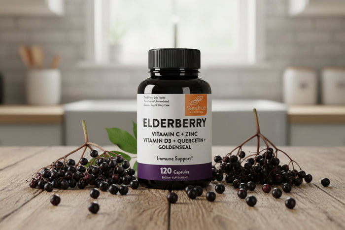 Elderberry supplement bottle with fresh elderberries on wooden table, showcasing ingredients rich in vitamin C, zinc, and antioxidants.