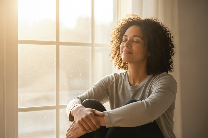 Peaceful woman sitting by window with sunlight, practicing mindfulness and stress relief with a calm smile.