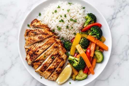 Grilled chicken breast served with white rice, broccoli, carrots, peppers, zucchini, and lemon on a white plate, showing a balanced meal.