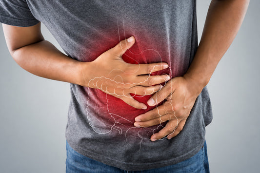 Person holding their abdomen with a digestive system illustration, representing abdominal discomfort and exploring possible causes of sluggish digestion and bloating.