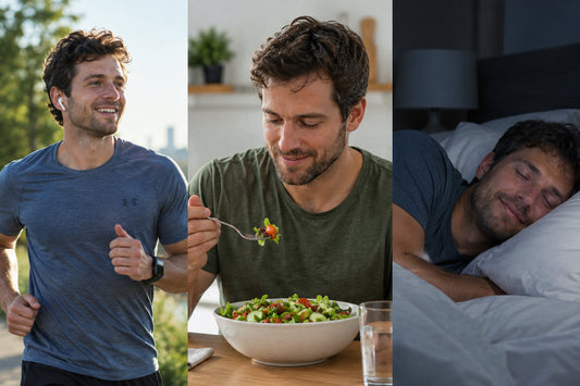 Three-part image shows a man exercising, eating a healthy salad, and sleeping, highlighting daily habits that support immune health and rhythm.