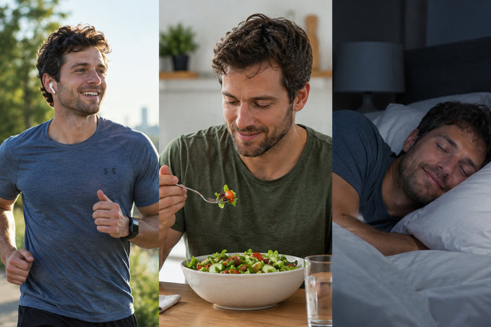 Three-part image shows a man exercising, eating a healthy salad, and sleeping, highlighting daily habits that support immune health and rhythm.